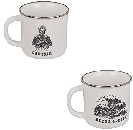 ReWu Set di 2 tazze da caffè con manico, in gres smaltato con onda e marinaio in stile shabby chic vintage