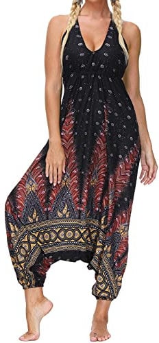 Nuofengkudu Women's Jumpsuit Harem Trousers Sleeveless Backless Deep V Neck Ethnic Print Loose Fit Romper Overalls Summer Beach Holiday Yoga Pants S-Brown Peacock One Size