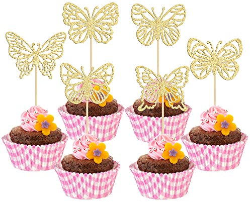 Gyufise 36Pcs Glitter Gold Butterfly Cupcake Toppers Hollow Art 3D Butterfly Cupcake Pick Decorations for Butterfly Theme Baby Shower Wedding Anniversary Kids Birthday Party Supplies