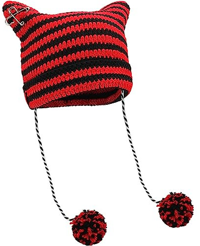 XYIYI Schwarz Rot Häkelmützen für Frauen Fuchs Strickmütze mit Pompons Grunge Goth Zubehör Slouchy Beanies für Damen Mädchen