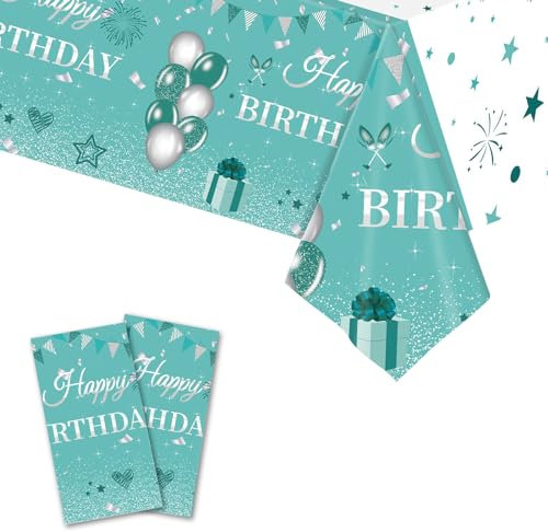 2PCS Blau Grün Geburtstag Tischdecke,Happy Birthday Tischdecken Blau Einweg Rechteck Wasserdicht Tischtuch Blau Party Deko für Frauen Jungen Mädchen Geburtstag Party 137 * 274cm