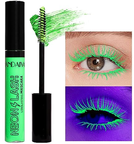UV Glow Mascara Grün, Regenbogen Farbe Fluoreszenz Wimpern, Neon bunt wasserdicht, Verlängerungen Wimpern Curling Halloween Festival Party Bühne Verwendung(#2 Grün)