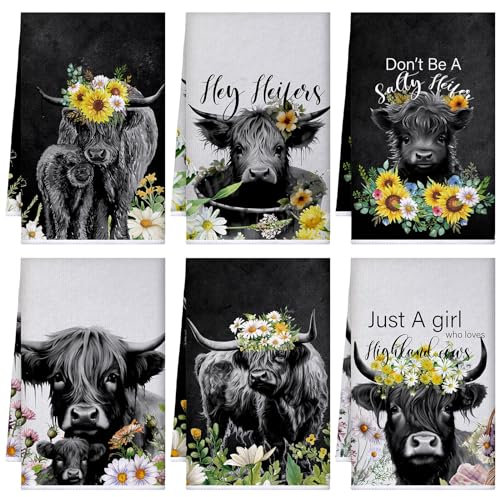 Boyiee Geschirrtücher, Motiv: Hochlandkuh, saugfähig, 61 x 40,6 cm, Küchengeschenke, Just Who Loves Cow, Handtücher für Bauernhaus, Küche, Badezimmer, Dekoration, 6 Stück