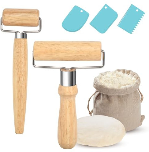 xnnmzhao Small & Medium Rolling Pin Set, 2 Pieces Wooden Rolling Pin with 3 Pieces Dough Scraper, Suitable for Rolling Out Dough, Pizza, Desserts, Dumpling Skins
