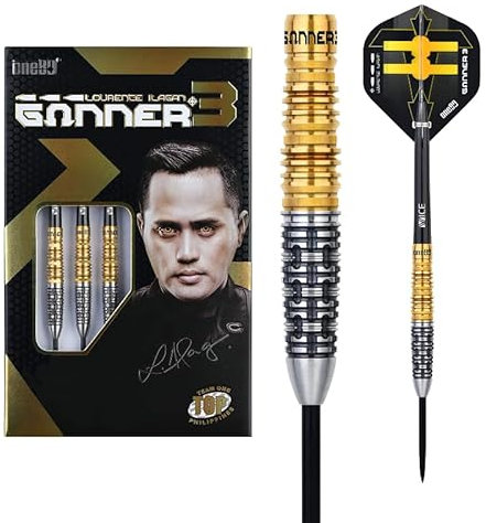 ONE80 Steel Dart Lourence Ilagan The Gunner 3 VHD Schwarz/Gold 90% Tungsten Steeltip Dart Steeldart Dartpfeile Set mit Schäften und Flights Hochwertige Tungsten Steeldarts (24 Gramm)
