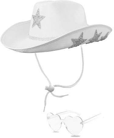 DAJOOEE Weißer Cowgirl-Hut mit Glitzerstern, Cowboyhut mit Herz-Sonnenbrille, passend für Frauen für Junggesellinnenabschiede, Weiß/Stern, Einheitsgröße