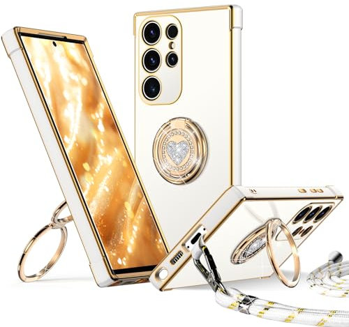 XYZ Coque pour Samsung Galaxy S22 Ultra, avec Double Anneau de Support Cœur, avec Lanière pour Filles et Femmes, Coque de Protection Luxe Mignonne et Scintillante pour Samsung S22 Ultra, Blanc