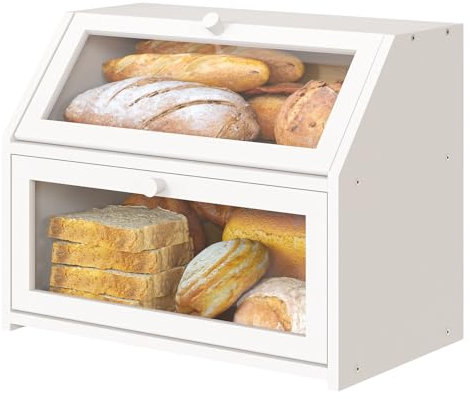 Vriccc White Large Bread Box for Kitchen Counter, Double Layer Bamboo Wooden Large Capacity Bread Storage Bin