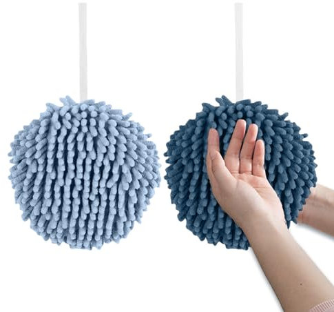 MUNSKT 2 Pieces Fuzzy Ball Towel of Blue and Gray,Hand Towels for Bathroom Kitchen Hanging Face Towels Quick Dry Towel,Soft Absorbent Hand Towels Bathroom Accessory,Cute Round Soft Absorbent.