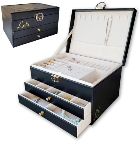 BS Schmuckkästchen für Damen und Mädchen | Personalisierte Schmuckschatulle mit Vornamen für Geschenk - Party | abschließbare Schmuckaufbewahrung mit Schlüssel, veganes Leder, Schmuckorganizer