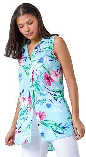 Roman Originals Sleeveless Shirt for Women UK Ladies Blouse Top Button Through Summer Smart Casual Work Cocktail Party Office Holiday Special Occassion Evening Going Out - Blue Green Pink - Size 10