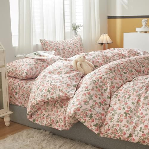 Nayoroom Bettwäsche 200x200 Baumwolle Rosa Erdbeeren Grün Pflanzen Hase Muster Bettwäsche Set 3teilig - 1 Kawaii Style Bettbezug mit Reißverschluss und 2 Kissenbezüge 80x80 cm