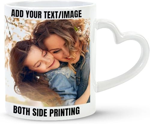 EKAM Personalised Mug, 11oz Coffee Cup with Customised Text Logo Design and Picture, Heart Handle Mug, Gift for Him or Her on Special Occasions Anniversary Mothers Fathers Day Birthday Christmas Day