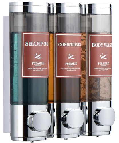 Shampoo and Conditioner Dispenser Wall Mounted Shower Soap Dispenser No Drill Shampoo Dispenser for Shower 3 Chamber Bathroom Body Wash Shower Gel Holder Chrome