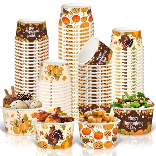LANCU 60PCS Thanksgiving Treat Snack Cups Thanksgiving Paper Bowls 8oz Fall Ice Cream Bowls Disposable Bowls for Hot Soup or Cold Food Maple Leaves Thanksgiving Party Favor Supplies