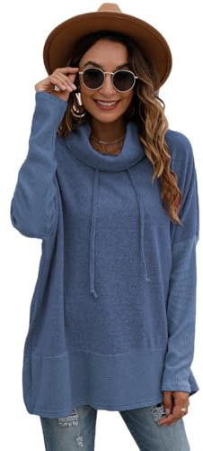 Famulily Oversized Hoodie Women Turtleneck with Drawstring Sweatshirt Comfy Casual Pullover Tops Blue S-M
