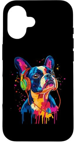 Custodia per iPhone 16 Boston Terrier Amante Pop Art Cuffie Divertenti Boston Terrier