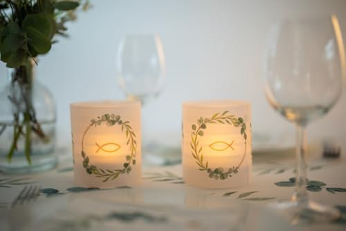 Sovie HORECA Windlicht Banderole für Kerzengläser, Design Eukalyptus Fisch – 12 Stück, stilvolle Tischdekoration zur Taufe, Kommunion, Konfirmation oder religiösen Feiern