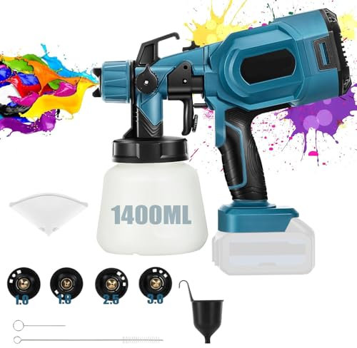 Akku Farbsprühsystem für Makita Akku 18V Wandfarbe Farbsprühgerät Farbsprühpistole mit 1400ml Farbbehälter,4 Düsen,2 Filterpapier,Sprühpistole eignen Sich für Wände,Möbel,Zäune(Ohne Akku)