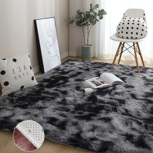 GOUSANG Teppich Wohnzimmer 110 x 180 cm Modern rutschfest Langflor Schlafzimmer Kinderzimmer Wolle Bettvorleger Sofa Matte Sofa Matte Longhair Fell, Dunkelgrau