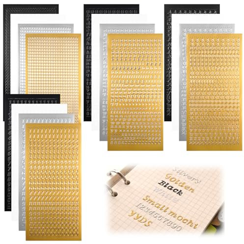 16 Blätter Wachsbuchstaben Groß- und Kleinbuchstaben mit Zahlen und Symbolen Elegant Buchstaben Aufkleber Gold für Kerzen für Taufe Kommunion Hochzeit Fotoalbum Scrapbook (Gold, Silber, Weiß, Schwarz)