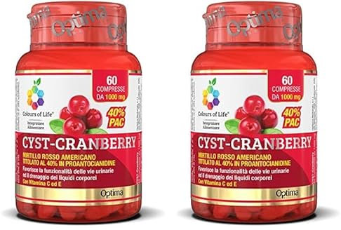 Colours of Life Cyst Cranberry - Integratore di Frutti di Mirtillo Rosso - per la Funzionalità delle Vie Urinarie e il Drenaggio dei Liquidi - Senza Glutine e Vegano, 60 Compresse (Confezione da 2)