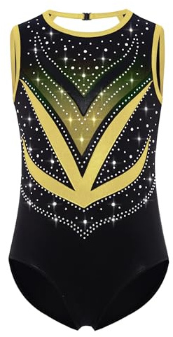 Yruioon Mädchen Turnanzug Glitzer Gymnastikanzug Ärmellos Ballettanzug Ballett Trikotanzug Gymnastik Leotard Wettbewerb Tanzkostüm B Gold 134-140