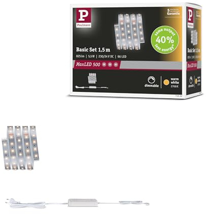 Paulmann MaxLED 500 Basisset 1,5m Warmweiß Silber | Dimmbar, kürzbar, selbstklebend, für verschiedene Räume geeignet