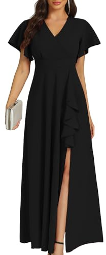 COOAN Frauen Schwarz Lang Formelle Kleider Cocktail Hochzeit Gastkleider Rüschen Teilung Elegant V Hals Party Kleider