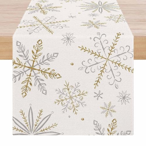 ViaElayu Weihnachtsdeko Tisch Tischläufer Weihnachten Tischdeko Weiß Weihnachtstisch Deko Tischläufer Grau Gold Schneeflocke Kurz Weihnachtstischdecke Winter Weihnachtstischläufer Modern 40x140 cm