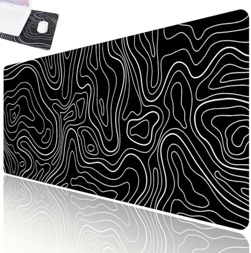 300 x 800 x 3mm Large Mouse Pad Black Topographic Contour Gaming Mouse Mat | Extended XL Mousepad with Non-Slip Rubber Base,Office Full Desk Mat with Stitched Edges,Long Keyboard Mouse Pad