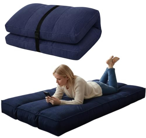 bananair - Futón Japonés Enrollable 1 Persona, Grueso y Cómodo, Fabricado en Francia, Funda Lavable, Cama Plegable de Suelo Práctica – Colchón Plegable, Correa Incluida (90 × 190 cm, Azul Oscuro)