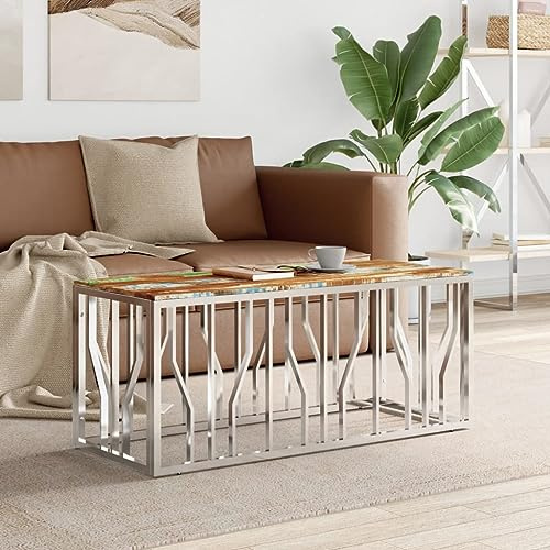 Runheo Couchtisch Silbern Edelstahl und Altholz Massiv, 110x45x45 cm, mit Stabiler Tischplatte, modernes Design für Wohnzimmer