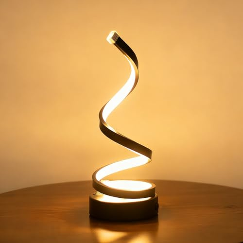 OOWDMPE Moderne LED Tischlampe Spiral Design Dimmbar Tischleuchte mit USB Stecker 3000K/4000K/6000K Metall+Acryl Kleine Lampe Dekorative Nachtlicht für Wohnzimmer Schlafzimmer Kinderzimmer (Schwarz)