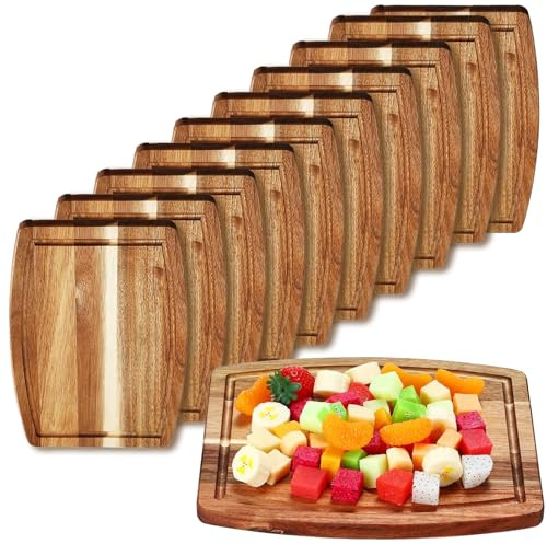 10 Stück Schneidebretter aus Akazienholz, Holz Schneidebrett Set mit Saftrille, Küchenbrett 20 × 25 cm, robustes Holzbrett für Küche Servieren