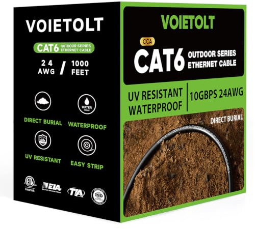 VOIETOLT Cat6 Ethernet Cable, Outdoor Water Resistant Internet Cable, Direct Burial High-Speed Gigabit 10Gbps 550MHz/s Lan Network Cable Cord (305Meter)