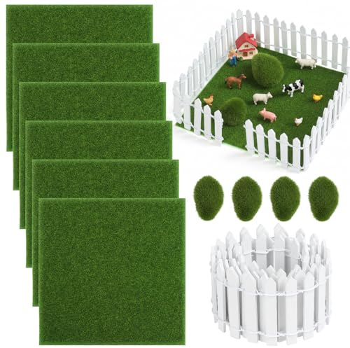 6 Stück Kunstrasen 15x15cm zum Basteln mit 90x5cm Holz Miniatur Zaun und 4 Moosbewachsenen Steinen, Miniatur Garten Kunstrasen Set für Wichtel Garten, Modell Landschaftsbau, Desktop-Dekoration