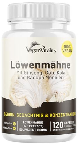 Lions Mane Kapseln - Löwenmähne Pilz Komplex mit Bacopa, Gotu Kola, Ginseng & Vitamin B12-120 Kapseln | Hericium Erinaceus