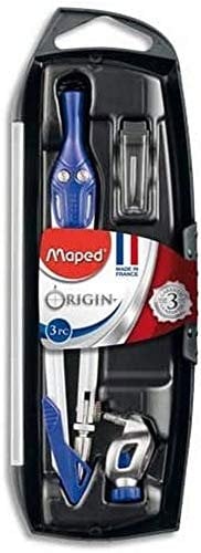 Maped - Coffret Origin 3 Pièces - Fabrication Française - Compas Scolaire + Bague Universelle + Étui-Mines - Avec Sécurité Protège Pointe et Mine + Branches en Acier - Coloris Aléatoire