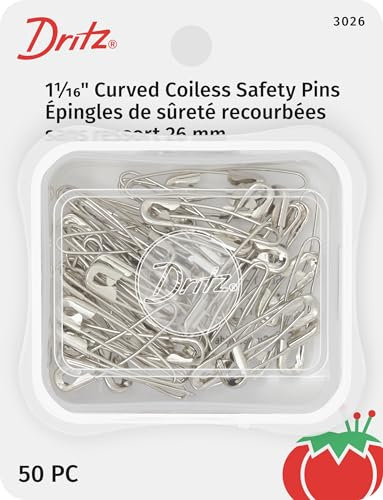 Dritz 1-1/16-Inch Curved Coiless Safety Pins, 50 Count, Nickel-Plated Steel Sicherheitsnadeln, Vernickelter Stahl, Size 1