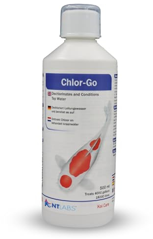 NT Labs Koi Care Chlor-Go Dechlorinator (500ml Treats 18,200L) | Fast chlorine remover neutralises harmful tap water chloramine and toxic heavy metals during pond water changes.