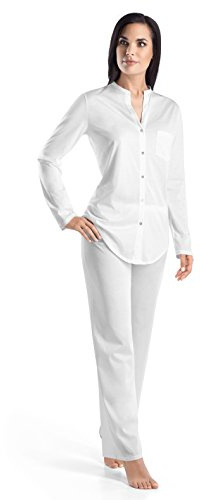 HANRO Women's Cotton Deluxe Long Sleeve Button Front Pajama, White, X-Small