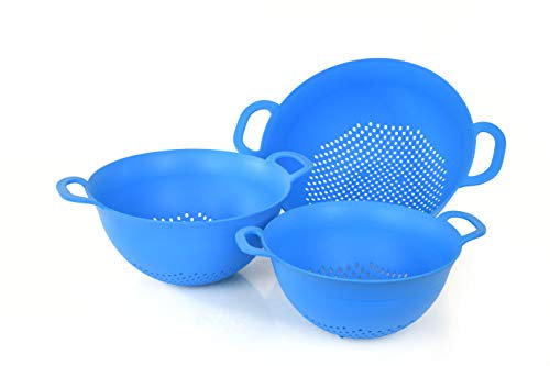 Mintra Home Lot de 3 passoires en plastique de 3, 3,5 et 5 litres (bleu) avec poignées solides et bol profond, sans BPA, utilisation pour pâtes, nouilles, spaghettis, légumes (tailles assorties, 3