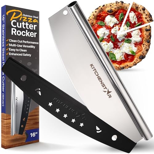 KitchenStar Pizzaschneider, 40,6 cm, scharfes Edelstahlmesser – Wipp-Stil mit Klingenabdeckung, hacken und schneidet perfekte Portionen und spülmaschinenfest – Premium-Pizza-Zubehör