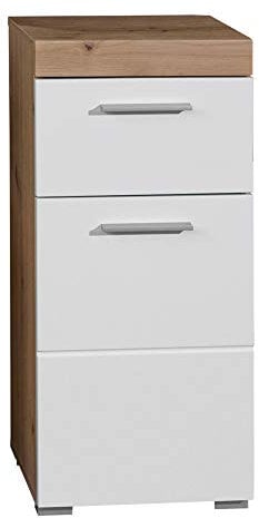 trendteam smart living - Amanda - Kommode - Weiß Hochglanz/Eiche - Badezimmerschrank - (BxHxT) 37 x 79 x 31 cm - Badkommode mit 1 Tür und 1 Schublade - Moderne Fräsung - vielseitig einsetzbar