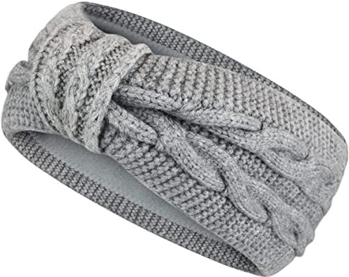 Damen Stirnband gestricktes Haarband mit Schleife und Zopfmuster, Mädchen Ohrenwärmer gefüttert mit weichem Fleece Innenfutter, SB1019