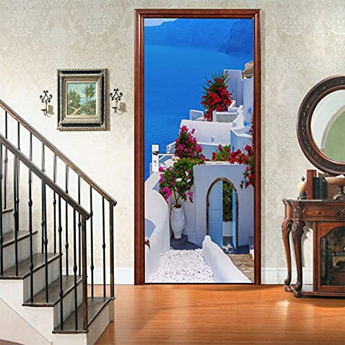 A.Monamour Sticker Porte Autocollant Poster De Porte 3D Paysage De L'Île De Santorin en Grèce Vinyle Affiche De Porte Sticker Mural Papier Peint Art Décor 77 x 200 cm
