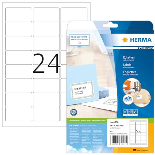 HERMA 4500 Adressetiketten, 800 Blatt, 63,5 x 33,9 mm, 24 pro A4 Bogen, 19200 Stück, selbstklebend, bedruckbar, matt, blanko Papier Adressaufkleber Etiketten, weiß