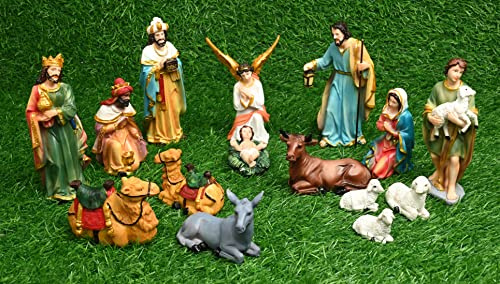 KariGhar Krippen-Set, 15-teilig, perfekt als Weihnachtsgeschenk und Dekoration { Packung – Maria, Josef, Jesuskind, Engel, 3 Weise Männer, der Schäferhund und die Tiere [15 cm Idole-Set]
