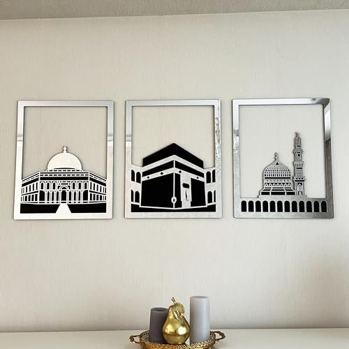 iwa concept Masjid Al Aqsa, Kaaba & Masjid An-Nabawi Islamische Wandkunst aus Holz, gesegnete Orte, islamische Wanddekoration, Geschenk für Muslime im Ramadan Eid (Medium, Silber | alle drei)